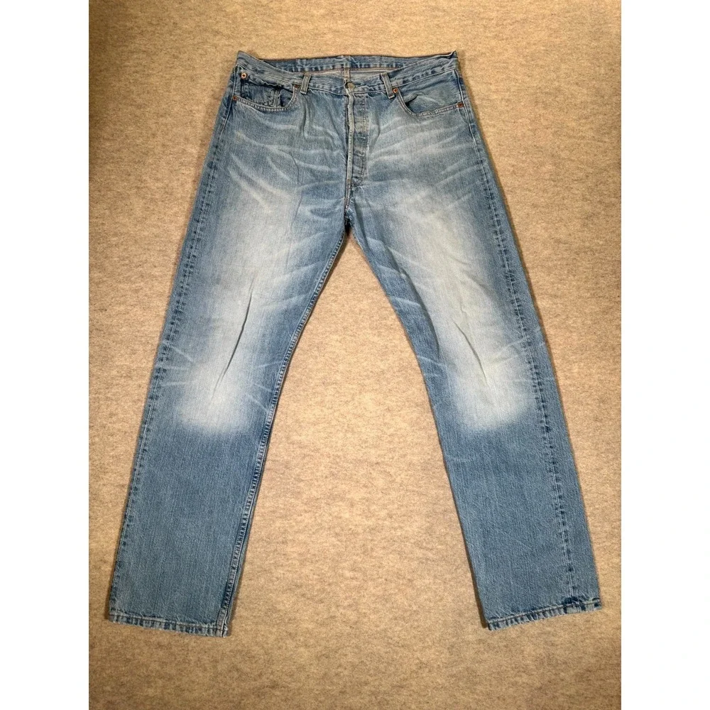 Levis 501 Original Fit Jeans Mens 38x34 Light Blue Whiskering Denim Straight Leg